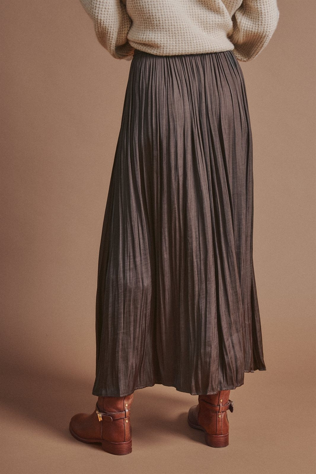 Washed Satin Crinkle Pleated Maxi Skirt in Brown - Women's Skirts | Urban Daizy