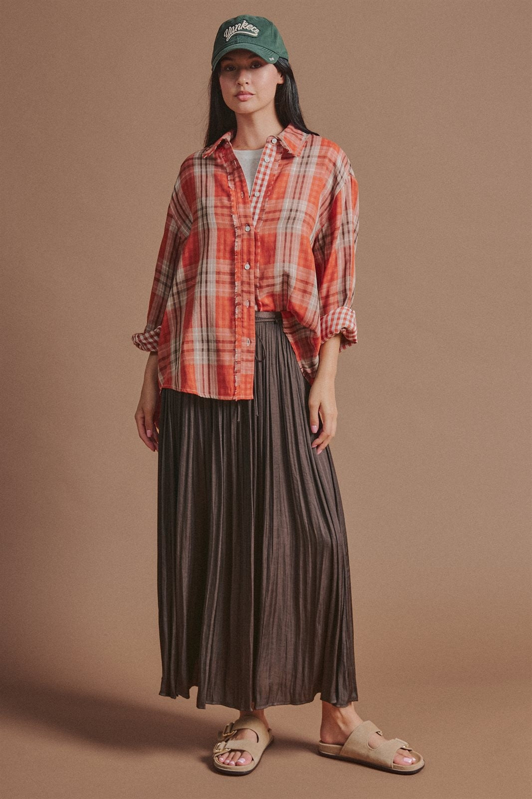 Washed Satin Crinkle Pleated Maxi Skirt in Brown - Women's Skirts | Urban Daizy