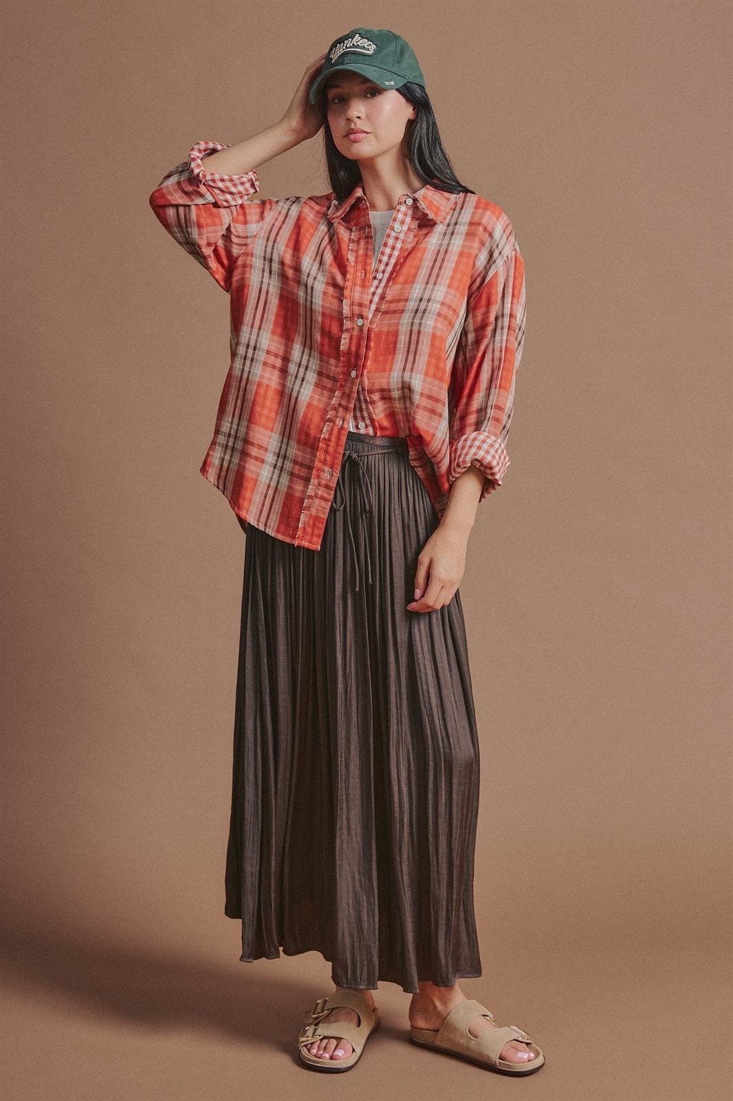 Washed Satin Crinkle Pleated Maxi Skirt in Brown - Women's Skirts | Urban Daizy