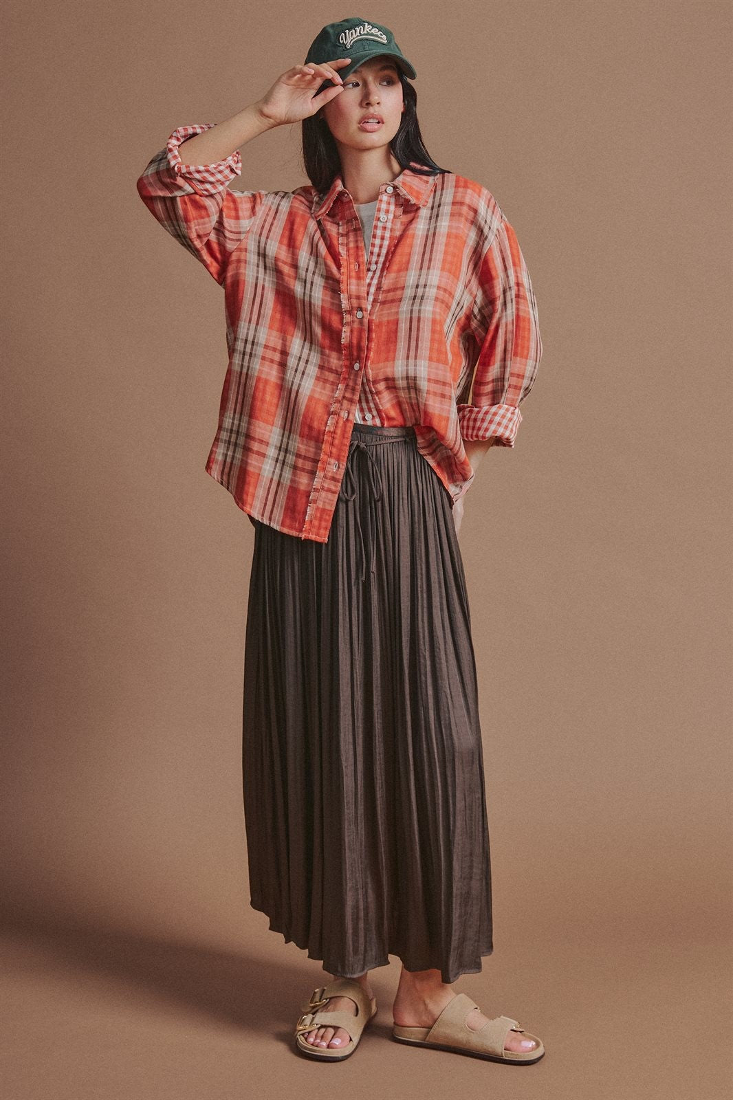 Washed Satin Crinkle Pleated Maxi Skirt in Brown - Women's Skirts | Urban Daizy