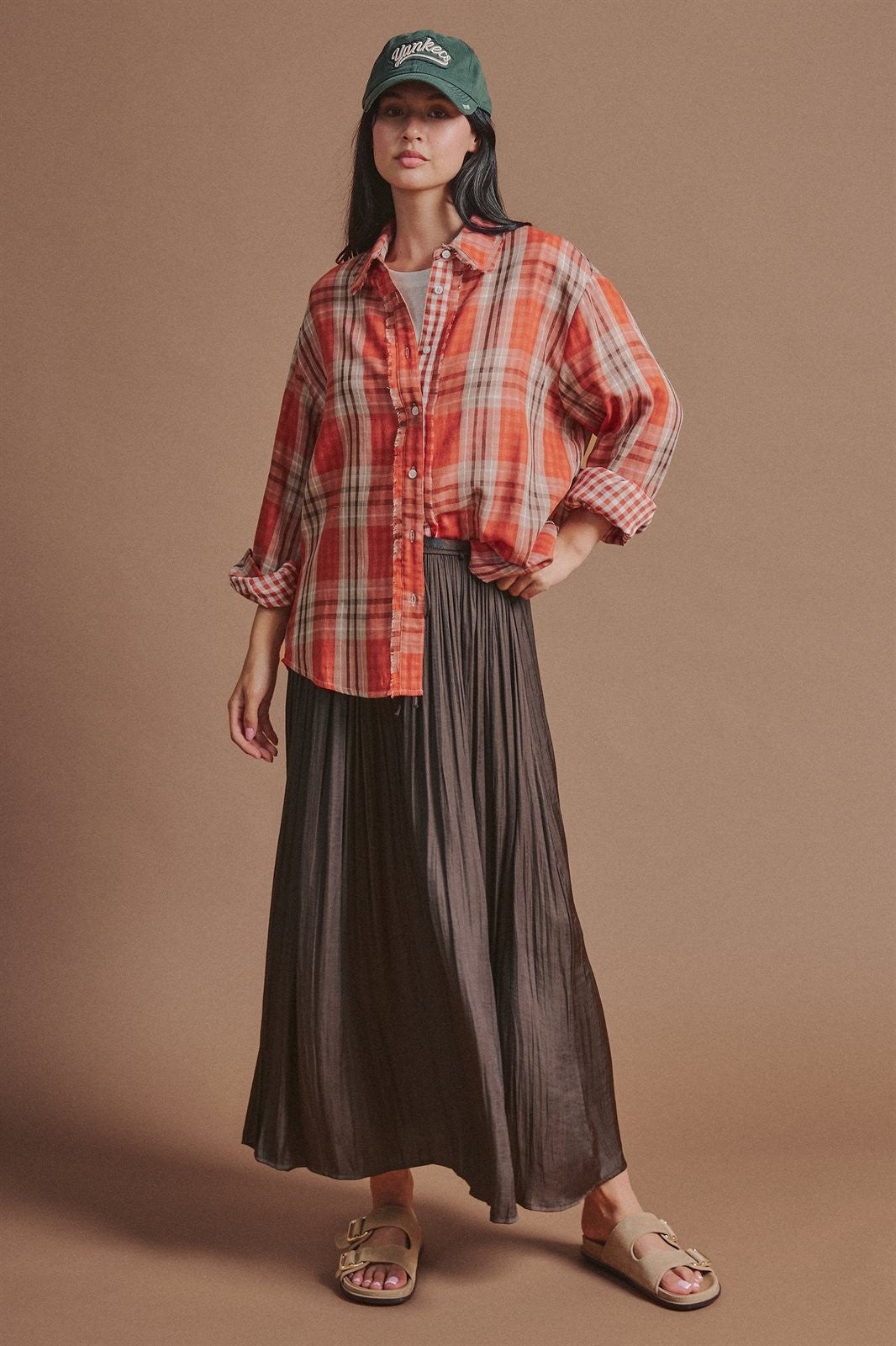 Washed Satin Crinkle Pleated Maxi Skirt in Brown - Women's Skirts | Urban Daizy