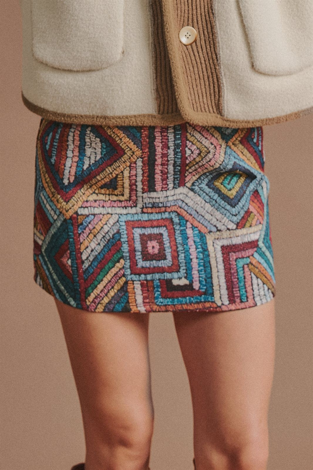 Geometric Tapestry Mini Skirt in Brown - Women's Mini Skirts | Urban Daizy