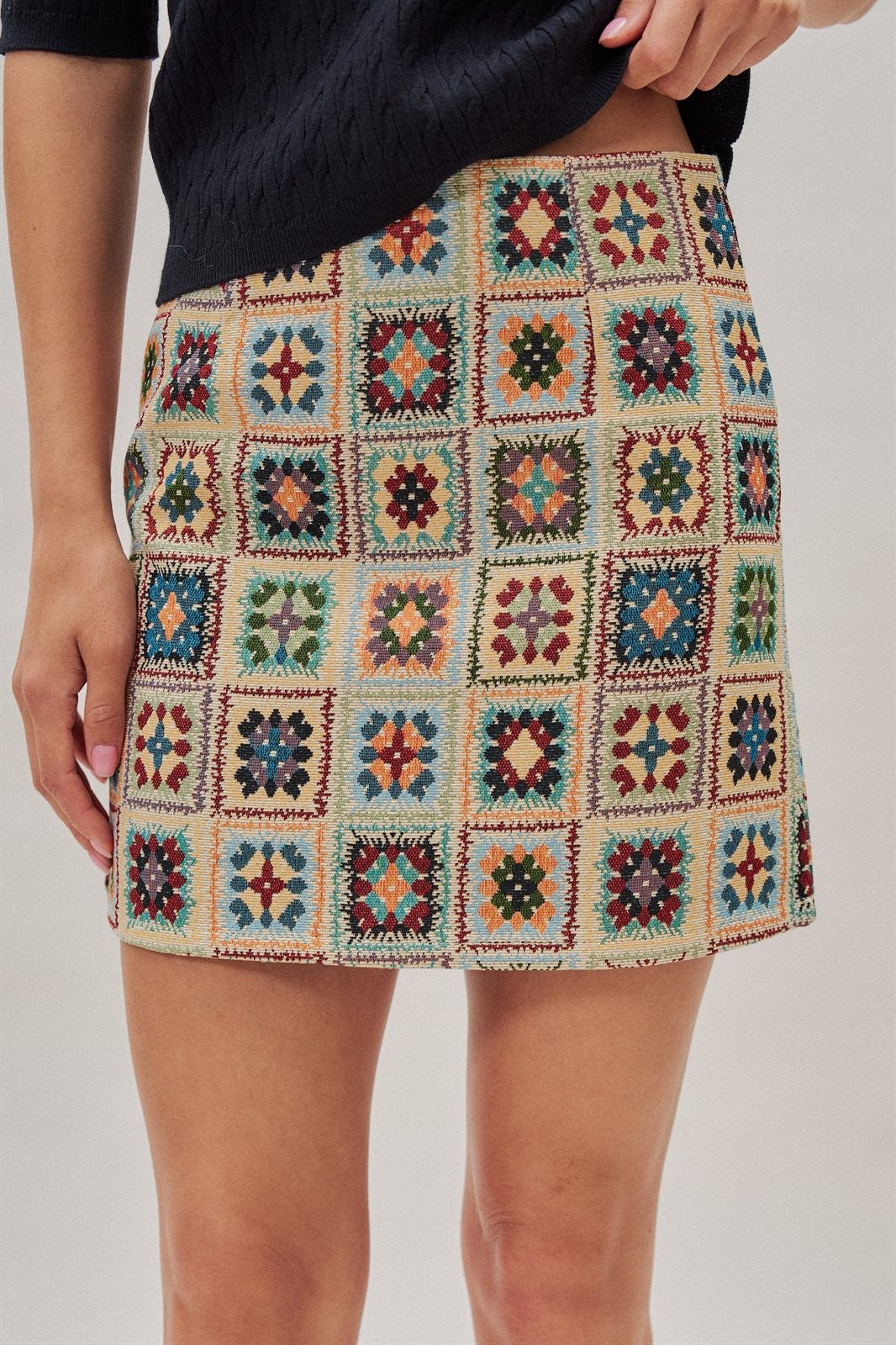 Geometric Tapestry Mini Skirt in Cream - Women's Mini Skirts | Urban Daizy