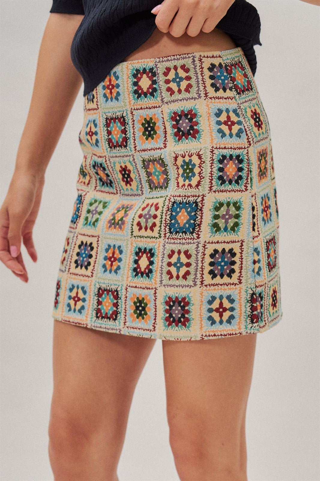 Geometric Tapestry Mini Skirt in Cream - Women's Mini Skirts | Urban Daizy