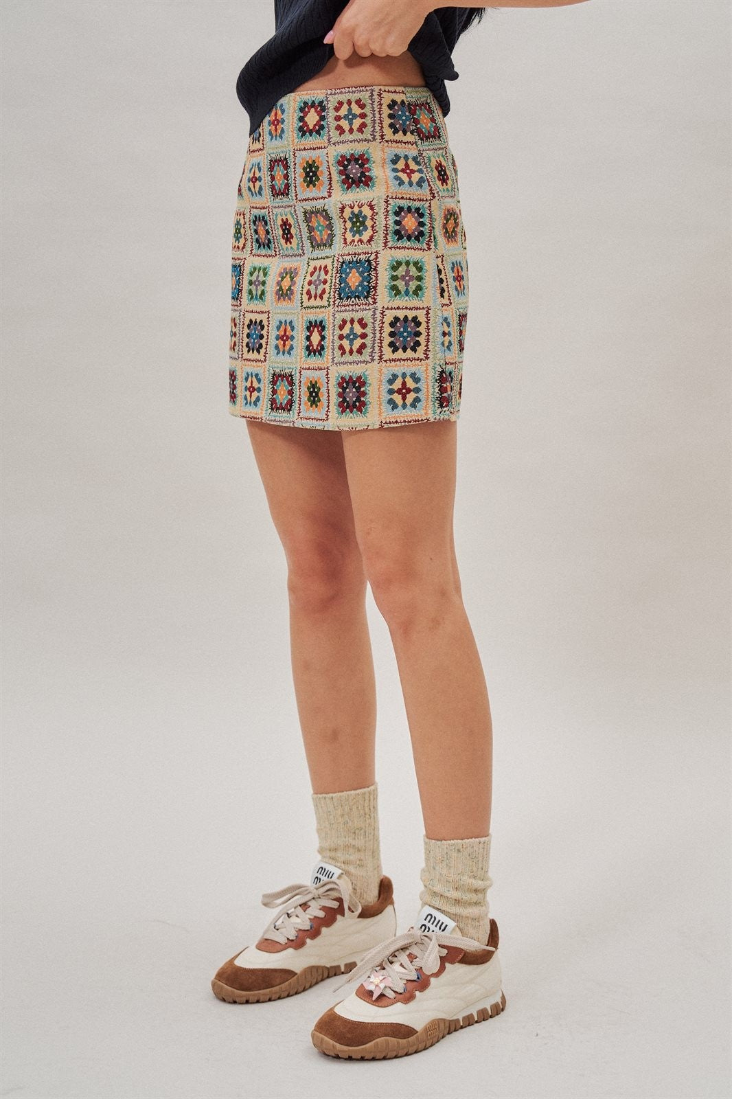 Geometric Tapestry Mini Skirt in Cream - Women's Mini Skirts | Urban Daizy
