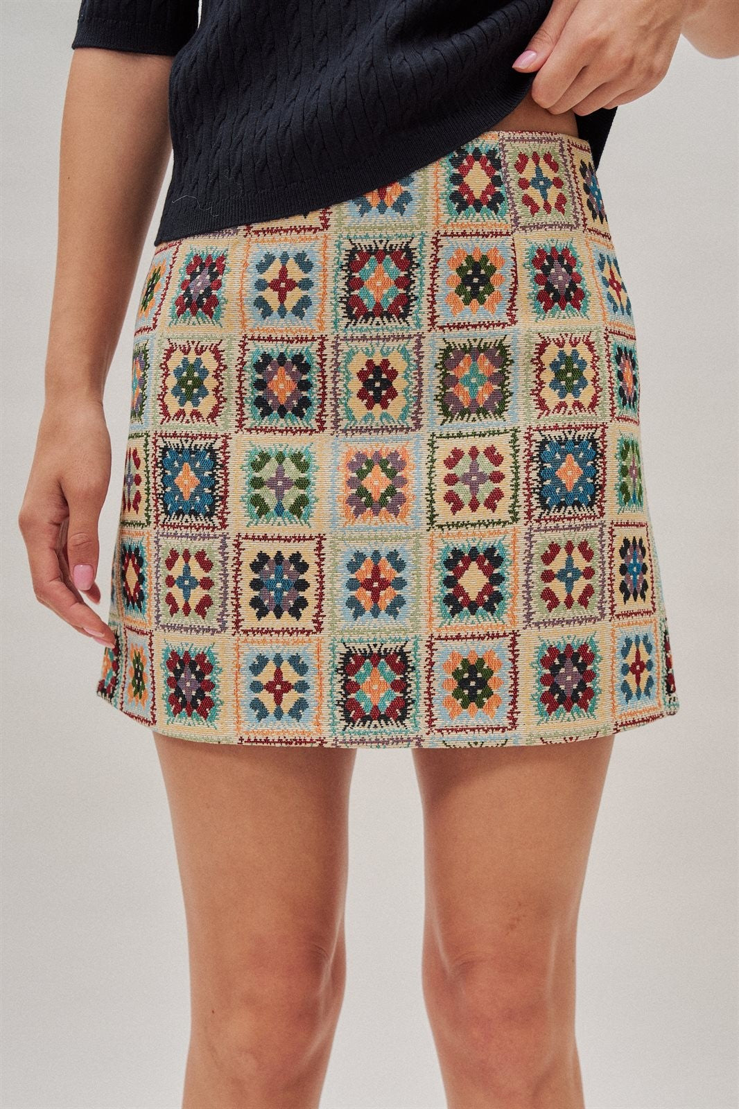 Geometric Tapestry Mini Skirt in Cream - Women's Mini Skirts | Urban Daizy