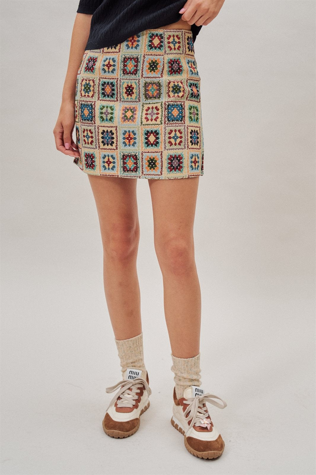 Geometric Tapestry Mini Skirt in Cream - Women's Mini Skirts | Urban Daizy