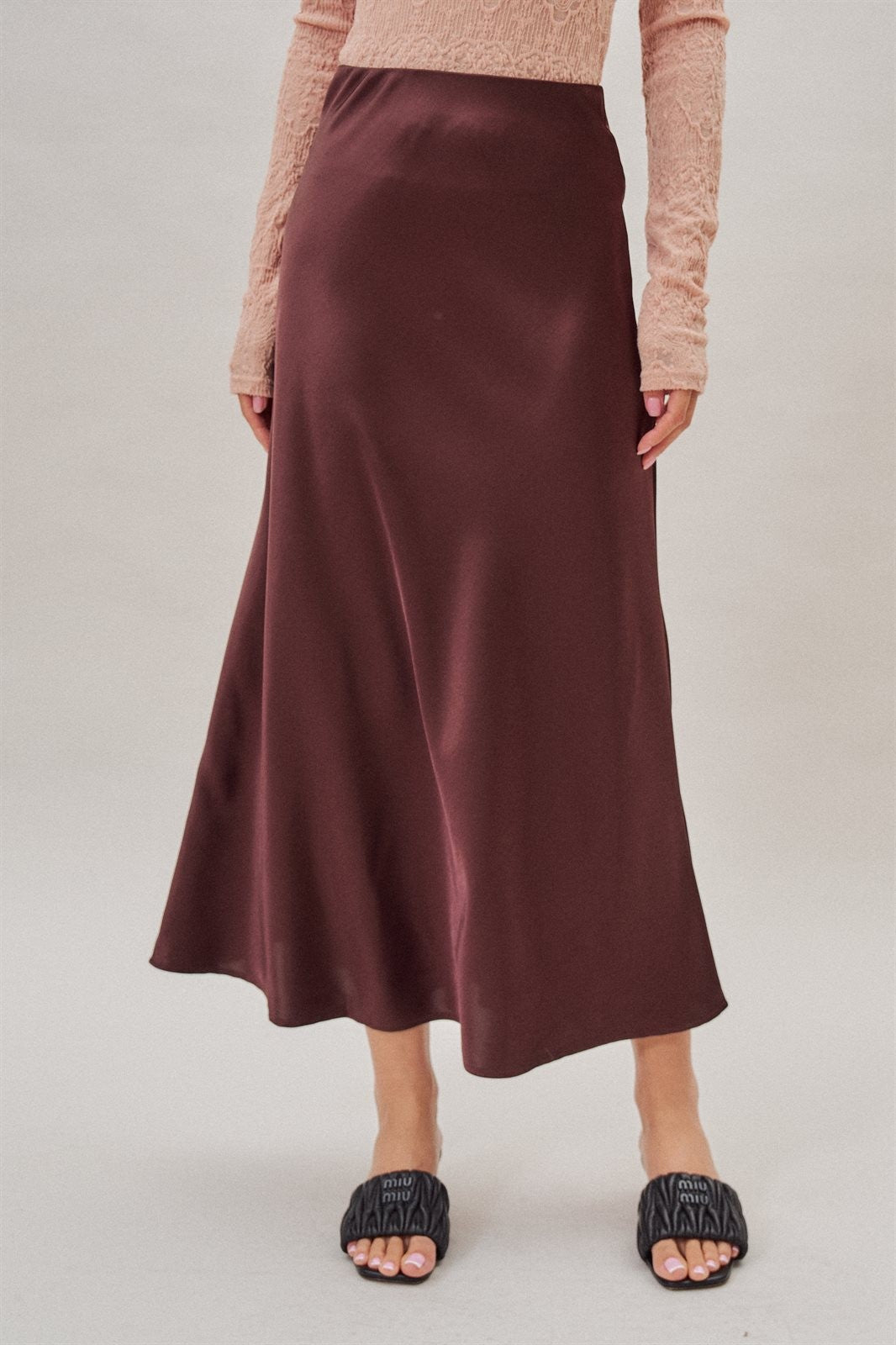 Bias Cut Satin Maxi Skirt in Cocoa Brown in Burgundy - Women's Skirts | Urban Daizy