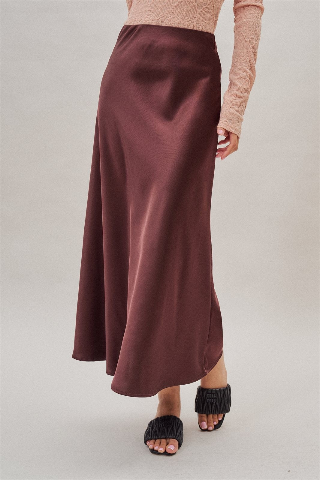 Bias Cut Satin Maxi Skirt in Cocoa Brown in Burgundy - Women's Skirts | Urban Daizy