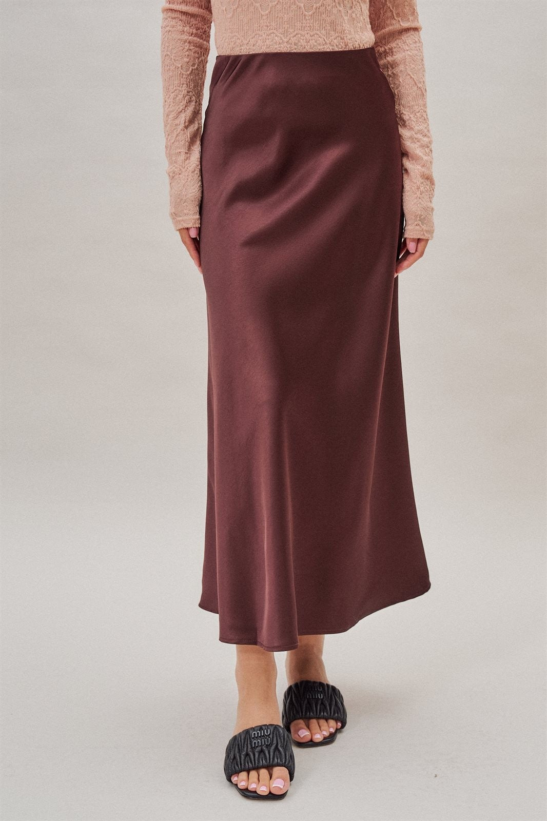 Bias Cut Satin Maxi Skirt in Cocoa Brown in Burgundy - Women's Skirts | Urban Daizy