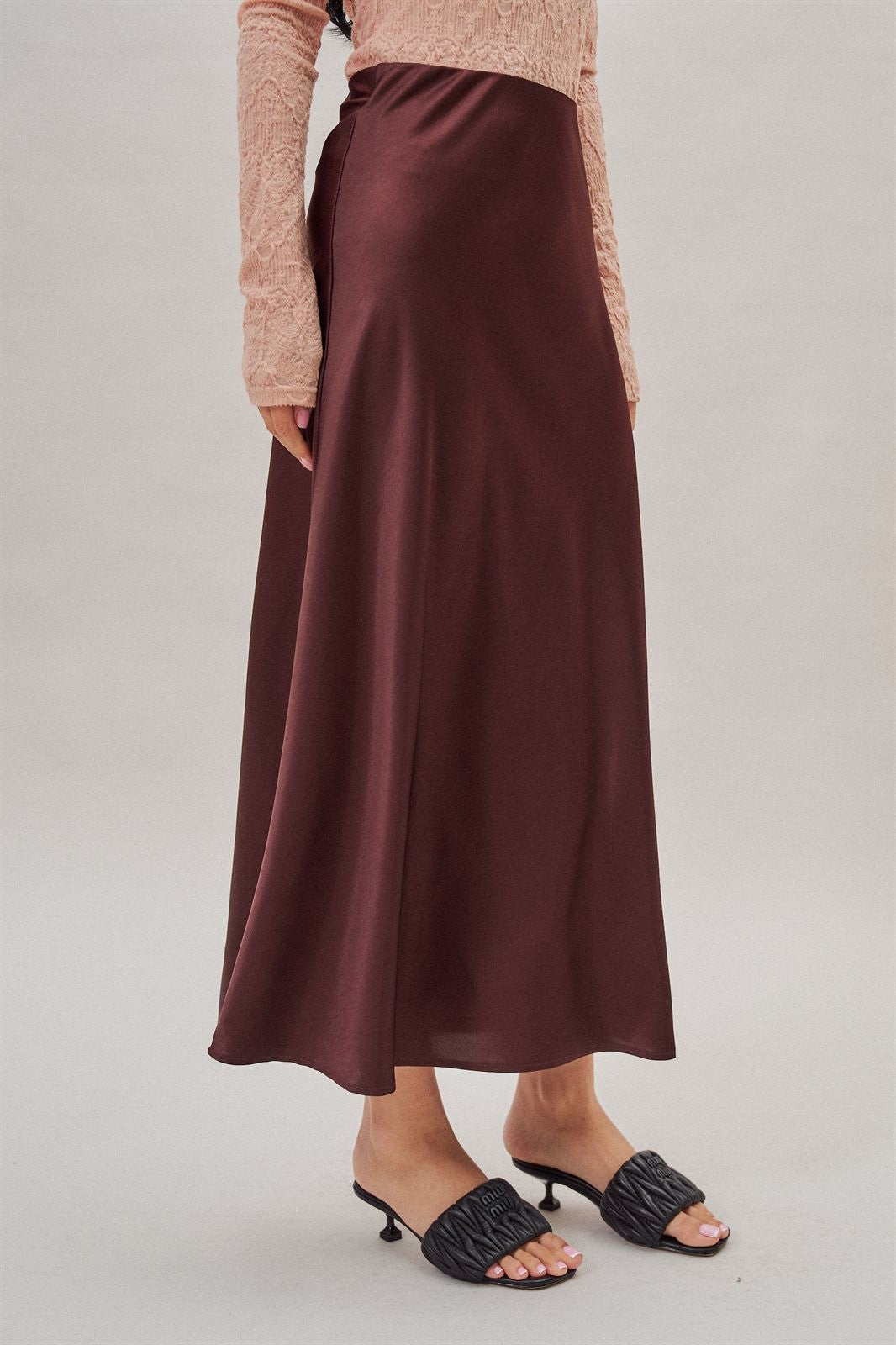 Bias Cut Satin Maxi Skirt in Cocoa Brown in Burgundy - Women's Skirts | Urban Daizy