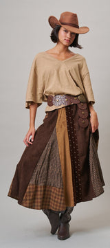 Western Patchwork Maxi Skirt Mixed Fabric Gore in Brown - Women's Maxi Skirts | Urban Daizy