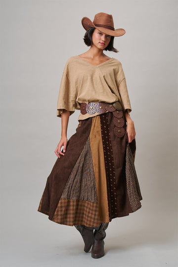 Western Patchwork Maxi Skirt Mixed Fabric Gore