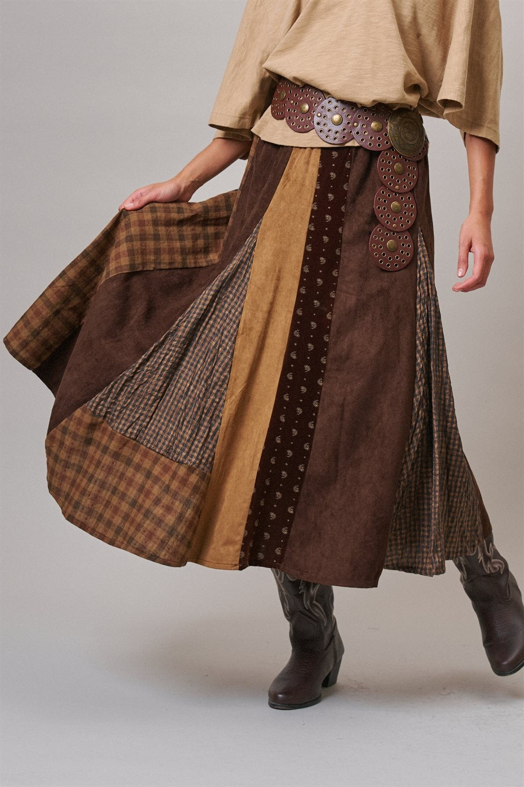 Western Patchwork Maxi Skirt Mixed Fabric Gore in Brown - Women's Maxi Skirts | Urban Daizy