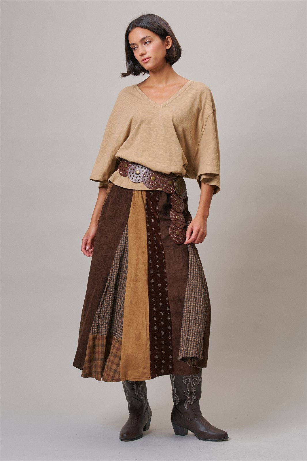 Western Patchwork Maxi Skirt Mixed Fabric Gore in Brown - Women's Maxi Skirts | Urban Daizy