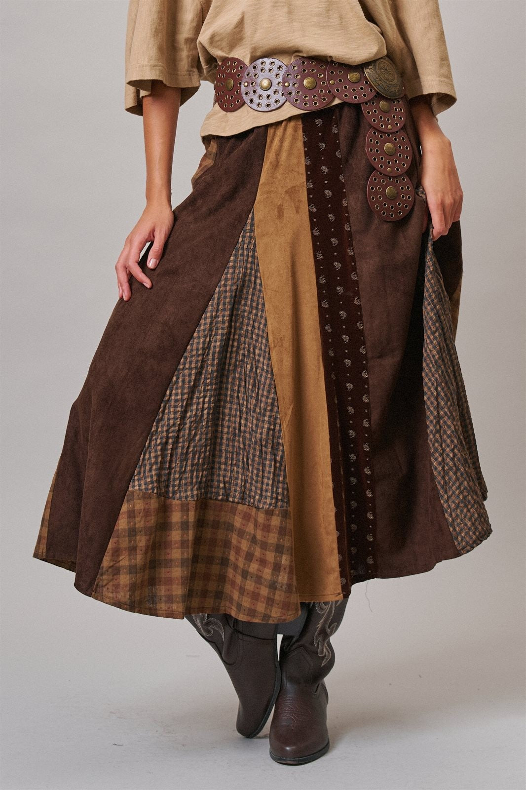 Western Patchwork Maxi Skirt Mixed Fabric Gore in Brown - Women's Maxi Skirts | Urban Daizy