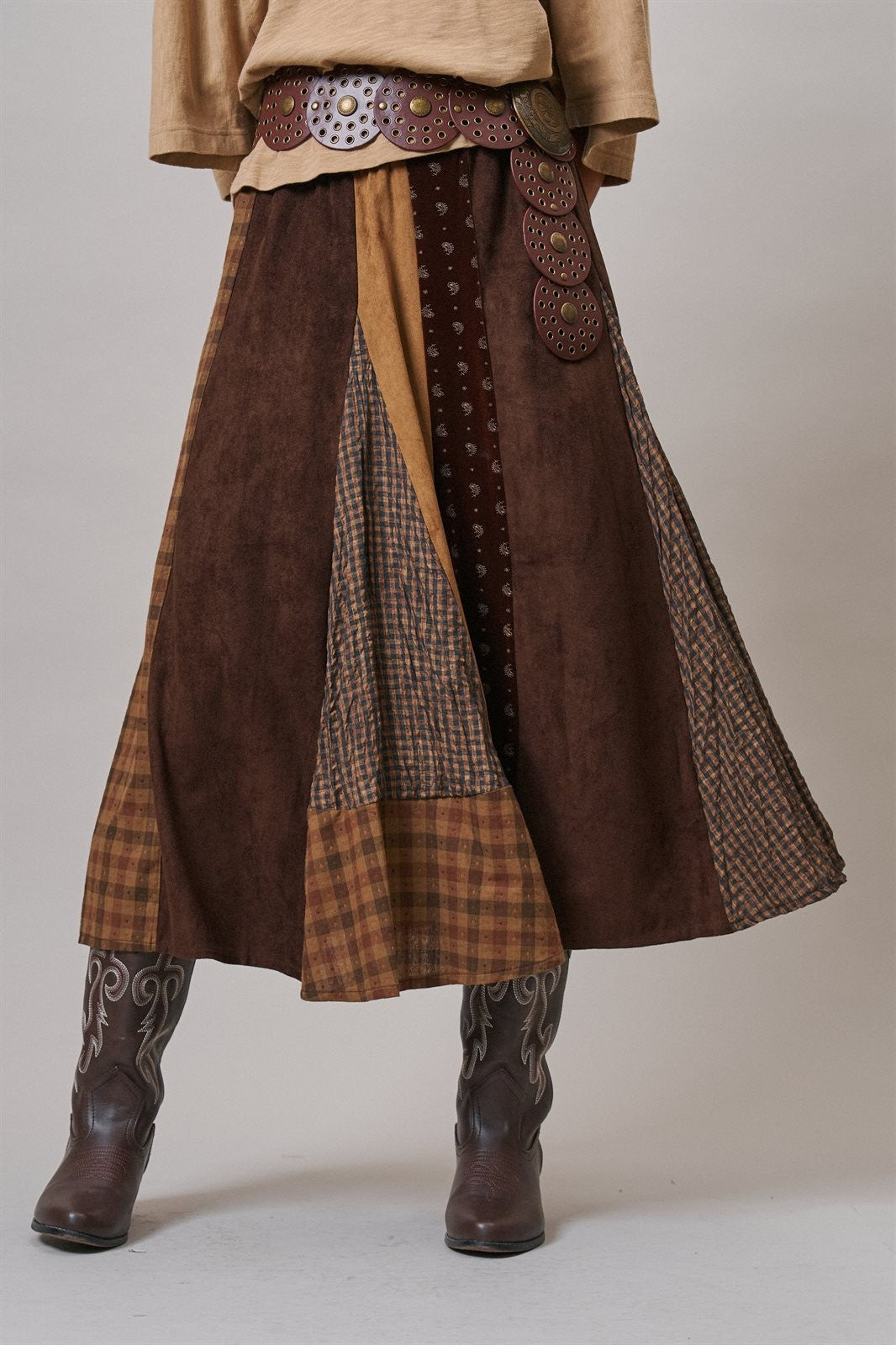 Western Patchwork Maxi Skirt Mixed Fabric Gore in Brown - Women's Maxi Skirts | Urban Daizy