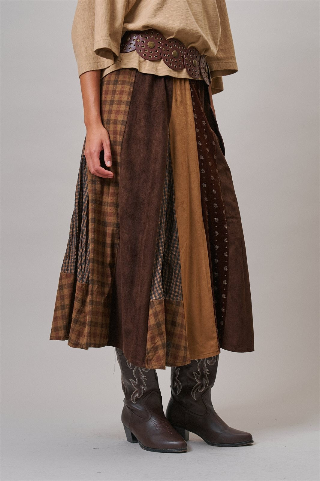 Western Patchwork Maxi Skirt Mixed Fabric Gore in Brown - Women's Maxi Skirts | Urban Daizy