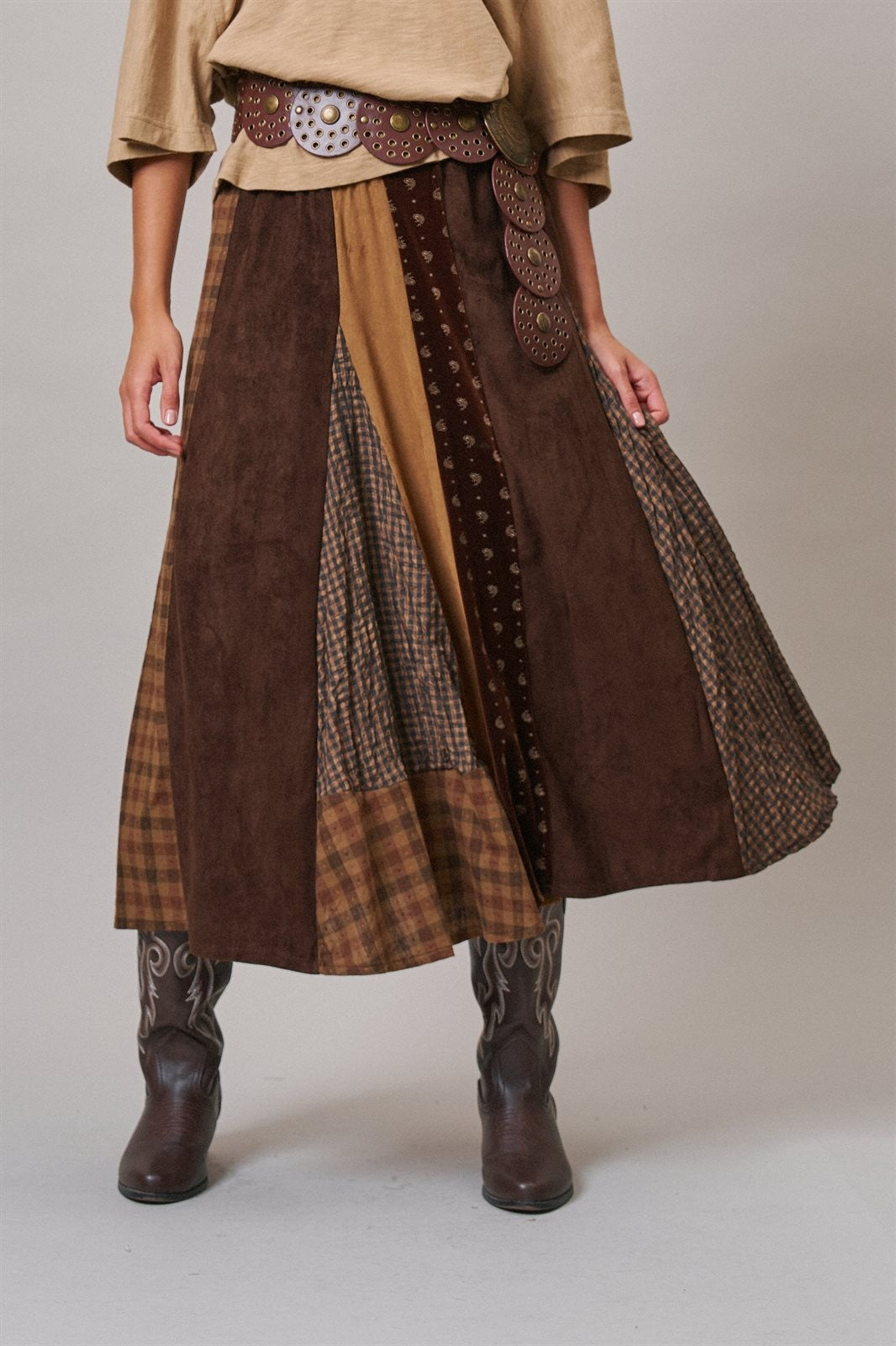 Western Patchwork Maxi Skirt Mixed Fabric Gore in Brown - Women's Maxi Skirts | Urban Daizy