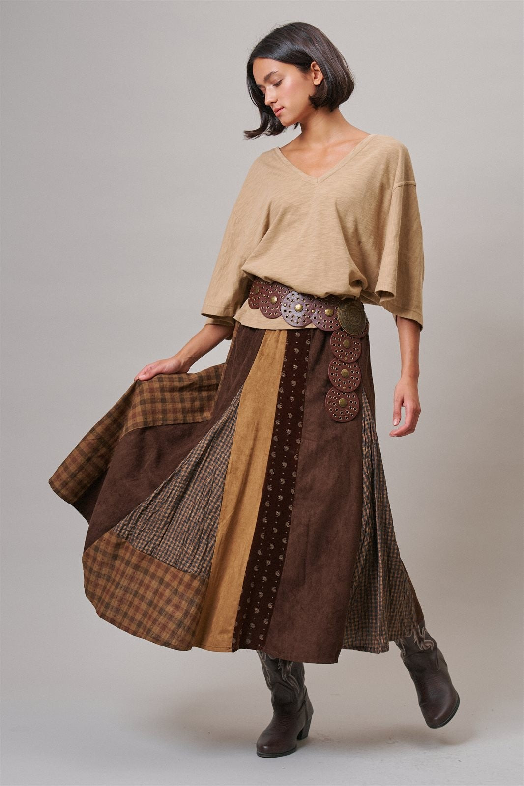 Western Patchwork Maxi Skirt Mixed Fabric Gore in Brown - Women's Maxi Skirts | Urban Daizy