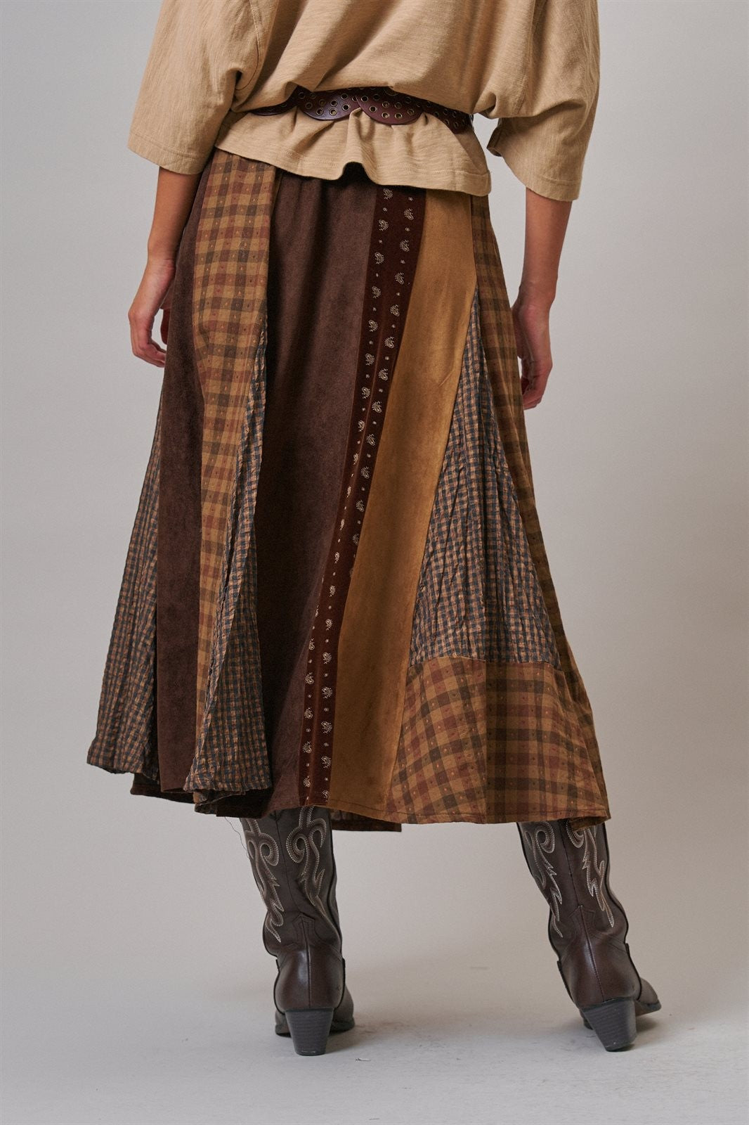 Western Patchwork Maxi Skirt Mixed Fabric Gore in Brown - Women's Maxi Skirts | Urban Daizy
