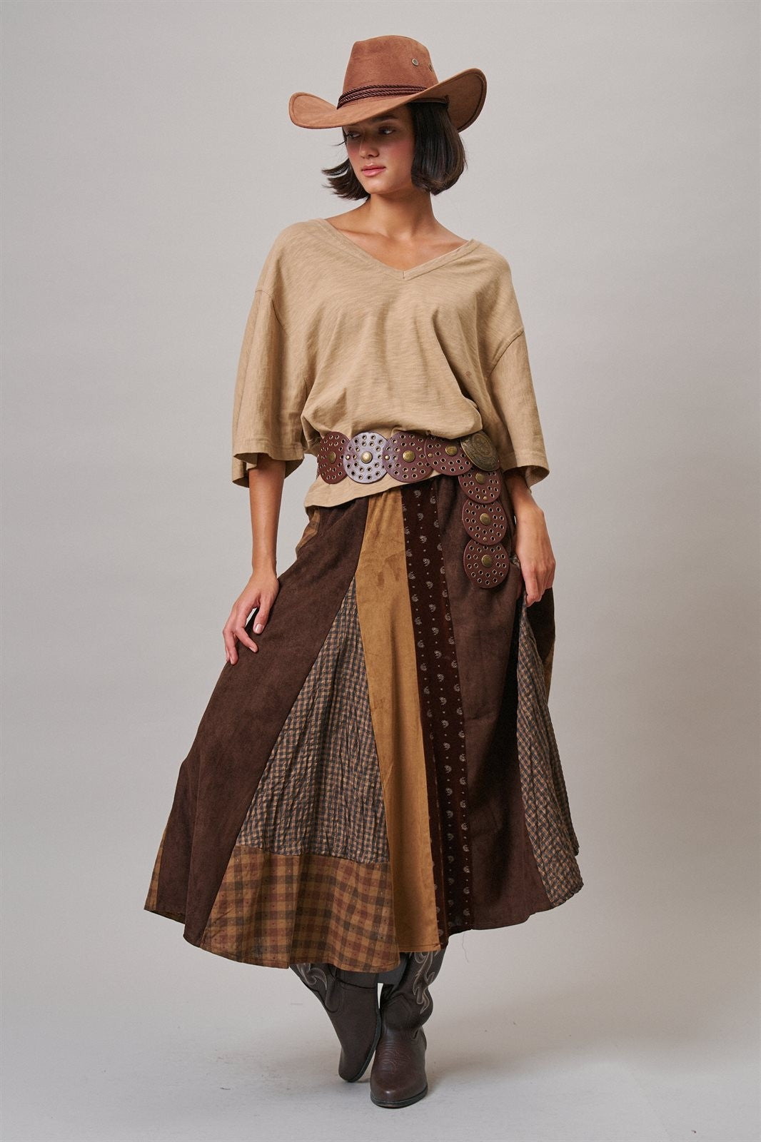 Western Patchwork Maxi Skirt Mixed Fabric Gore in Brown - Women's Maxi Skirts | Urban Daizy
