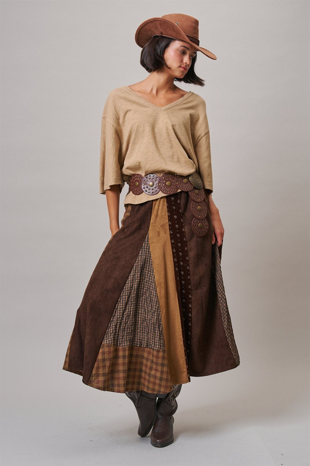 Western Patchwork Maxi Skirt Mixed Fabric Gore in Brown - Women's Maxi Skirts | Urban Daizy