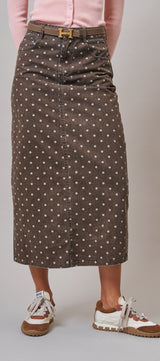 Soft Focus Polka Dot Denim Skirt in Brown - Women's Midi Skirts | Urban Daizy