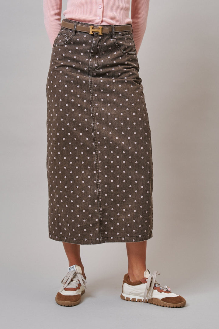 Soft Focus Polka Dot Denim Skirt in Brown - Women's Midi Skirts | Urban Daizy