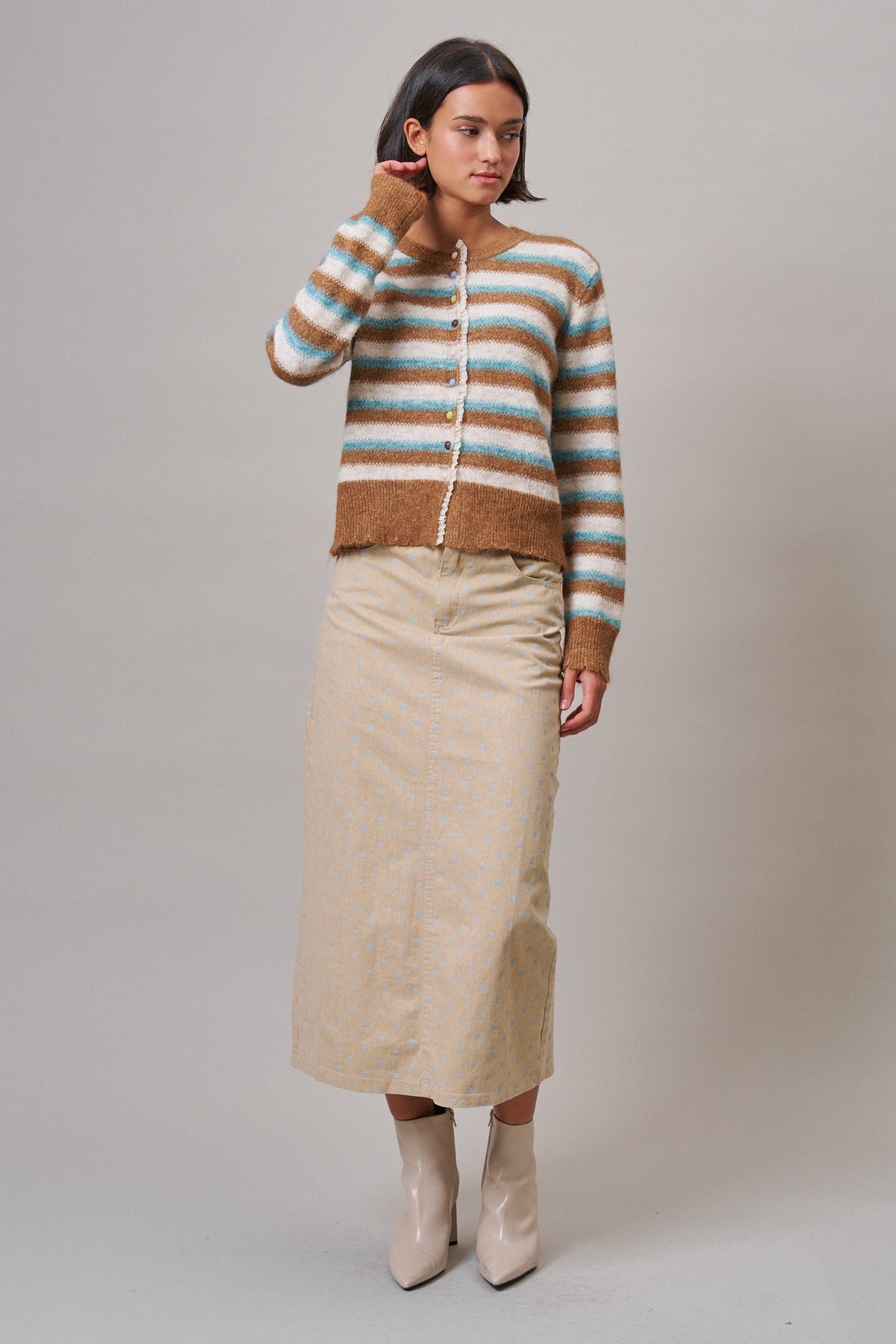 Soft Focus Polka Dot Denim Skirt in Brown - Women's Midi Skirts | Urban Daizy