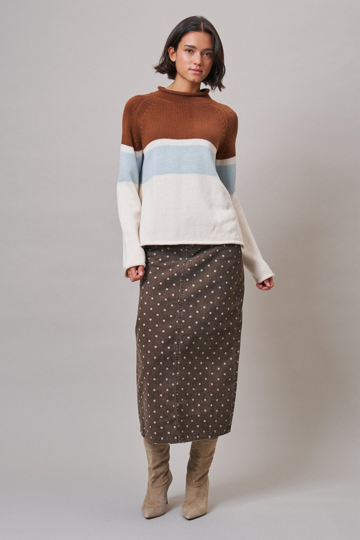 Soft Focus Polka Dot Denim Skirt in Brown - Women's Midi Skirts | Urban Daizy