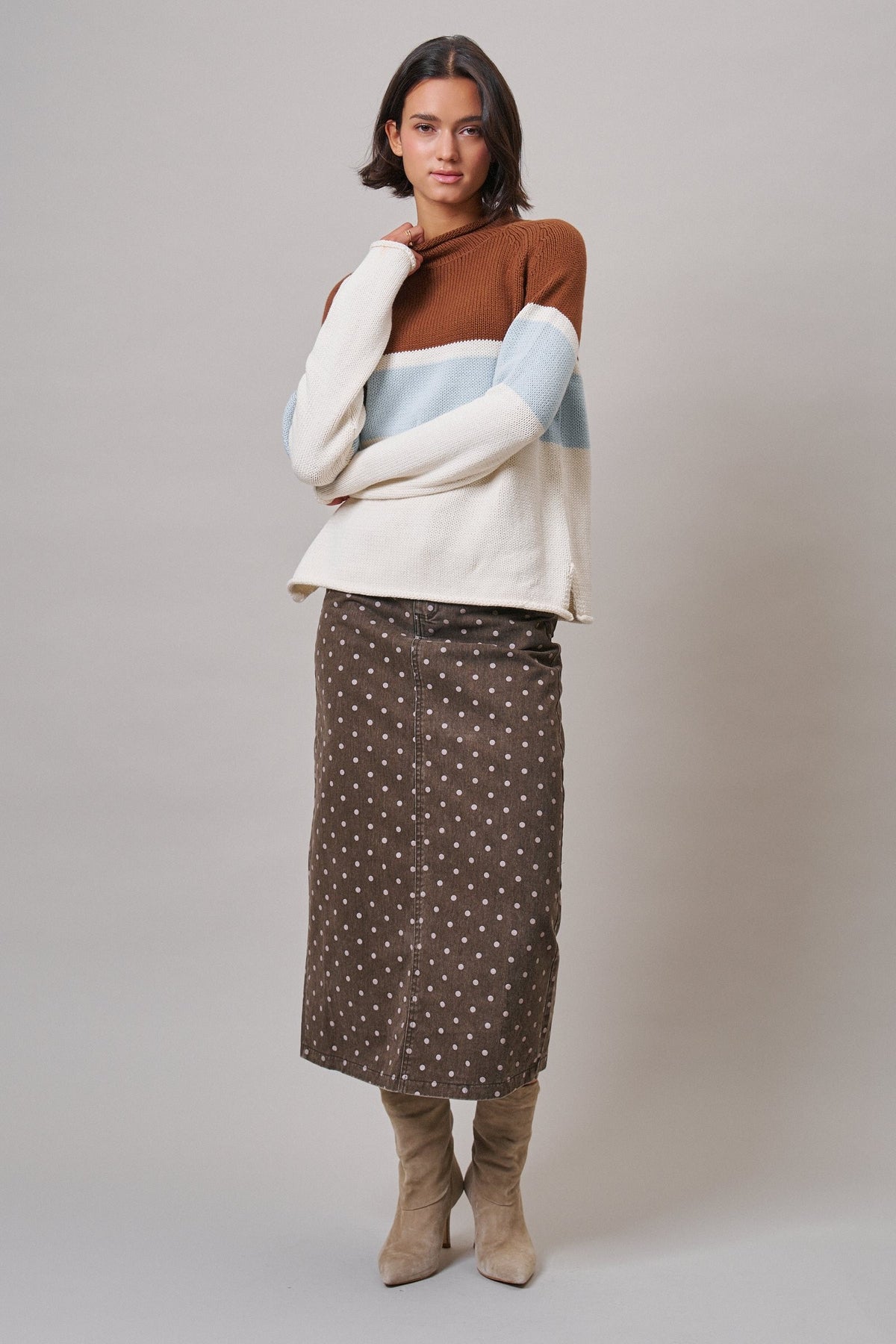 Soft Focus Polka Dot Denim Skirt in Brown - Women's Midi Skirts | Urban Daizy
