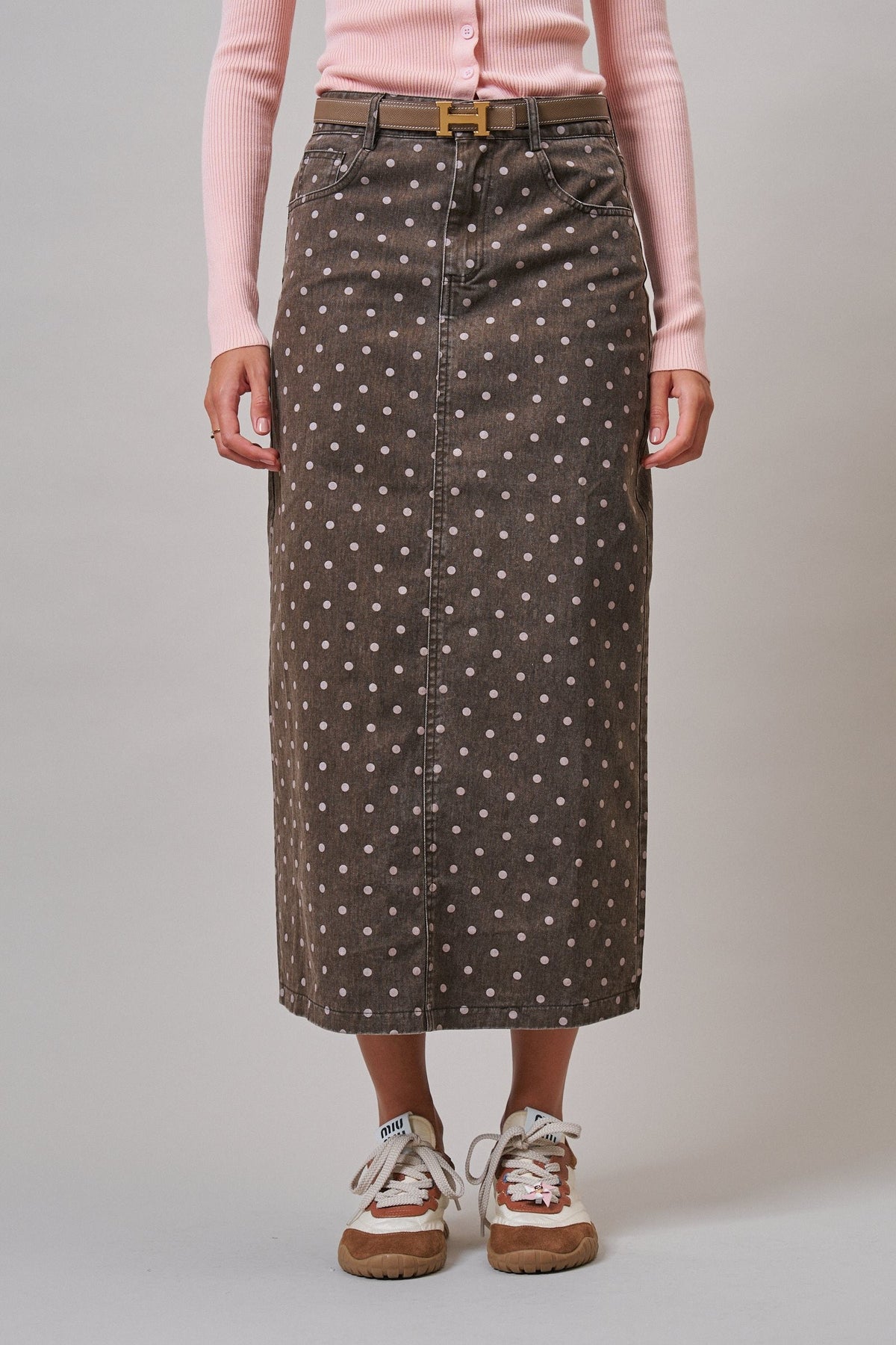 Soft Focus Polka Dot Denim Skirt in Brown - Women's Midi Skirts | Urban Daizy