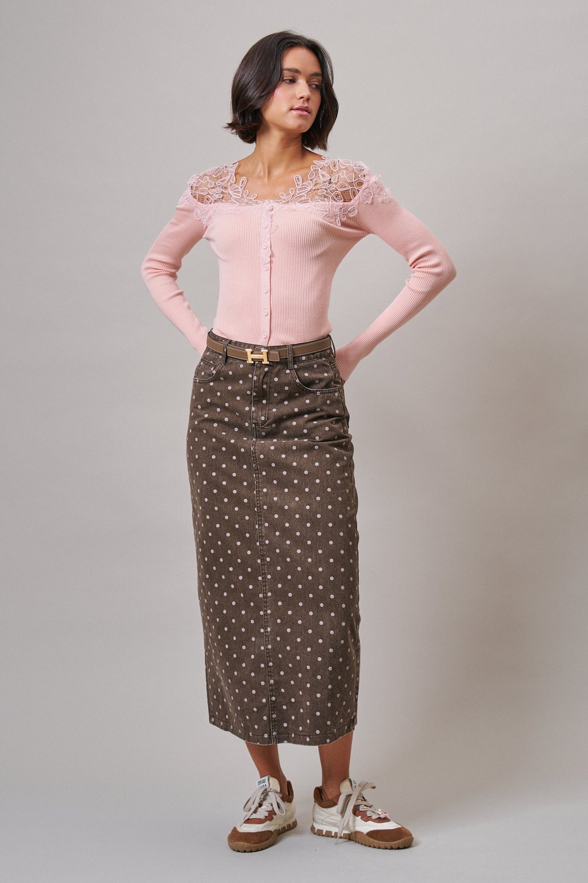Soft Focus Polka Dot Denim Skirt in Brown - Women's Midi Skirts | Urban Daizy