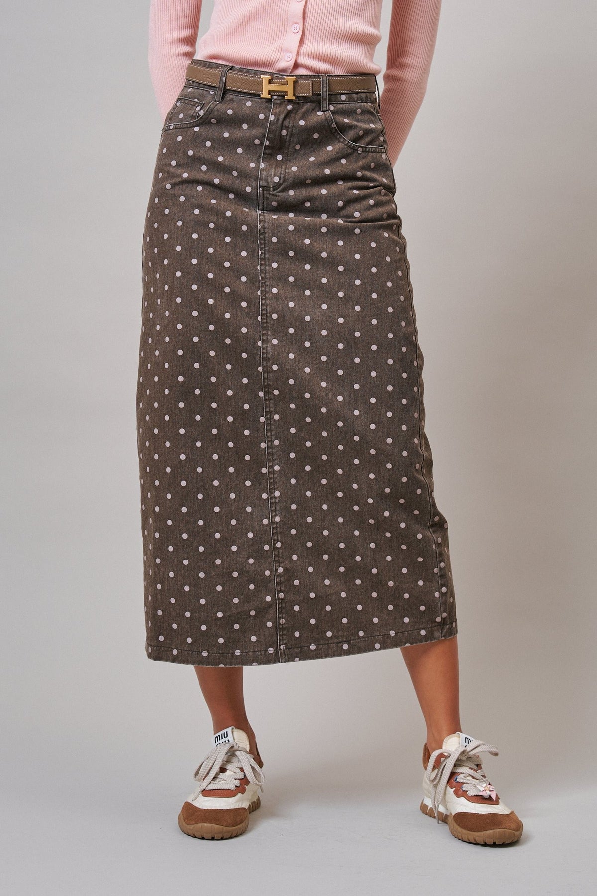 Soft Focus Polka Dot Denim Skirt in Brown - Women's Midi Skirts | Urban Daizy