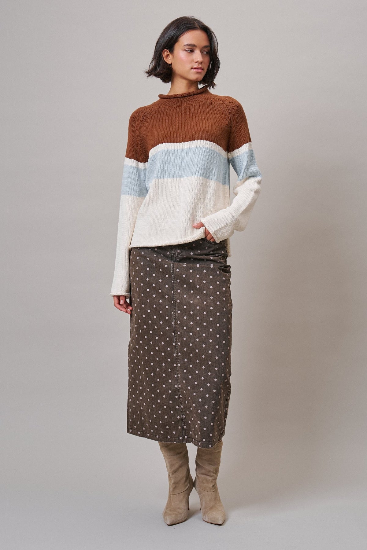 Soft Focus Polka Dot Denim Skirt in Brown - Women's Midi Skirts | Urban Daizy
