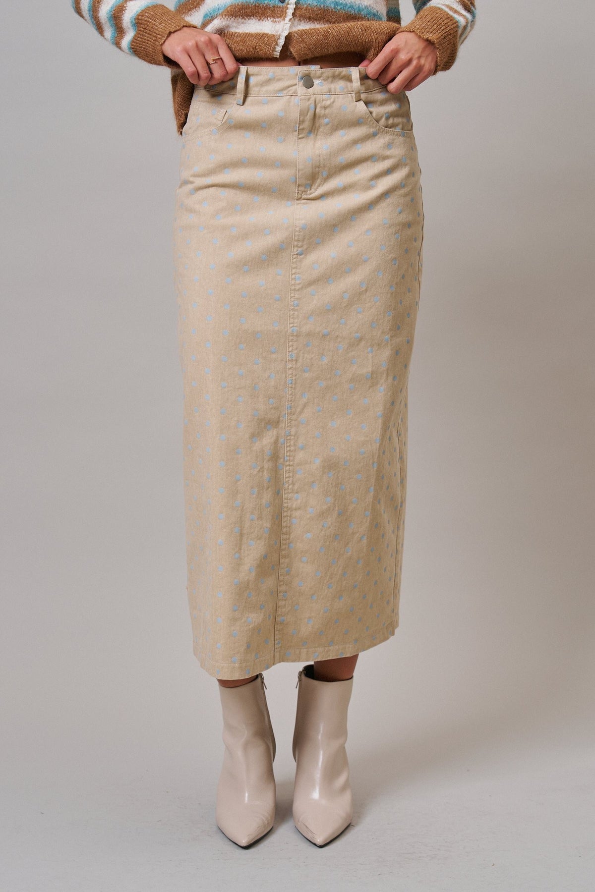 Soft Focus Polka Dot Denim Skirt in Cream - Women's Midi Skirts | Urban Daizy
