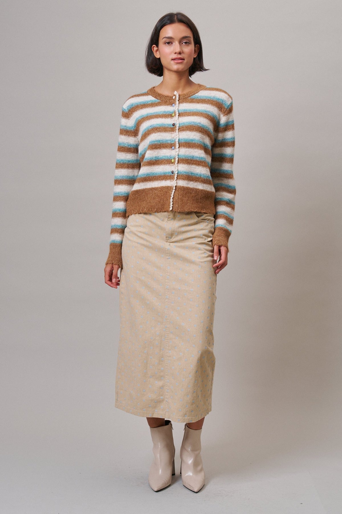Soft Focus Polka Dot Denim Skirt in Cream - Women's Midi Skirts | Urban Daizy