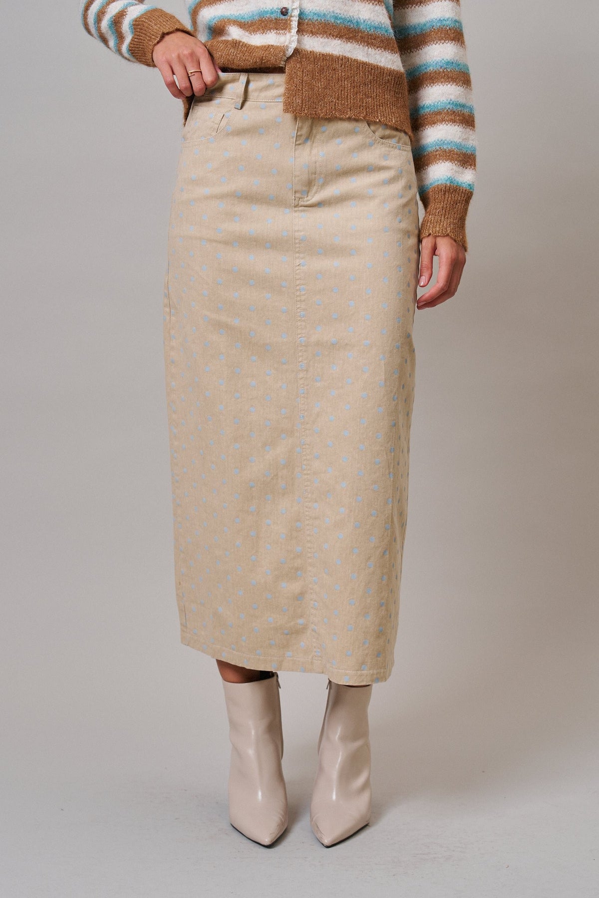 Soft Focus Polka Dot Denim Skirt in Cream - Women's Midi Skirts | Urban Daizy