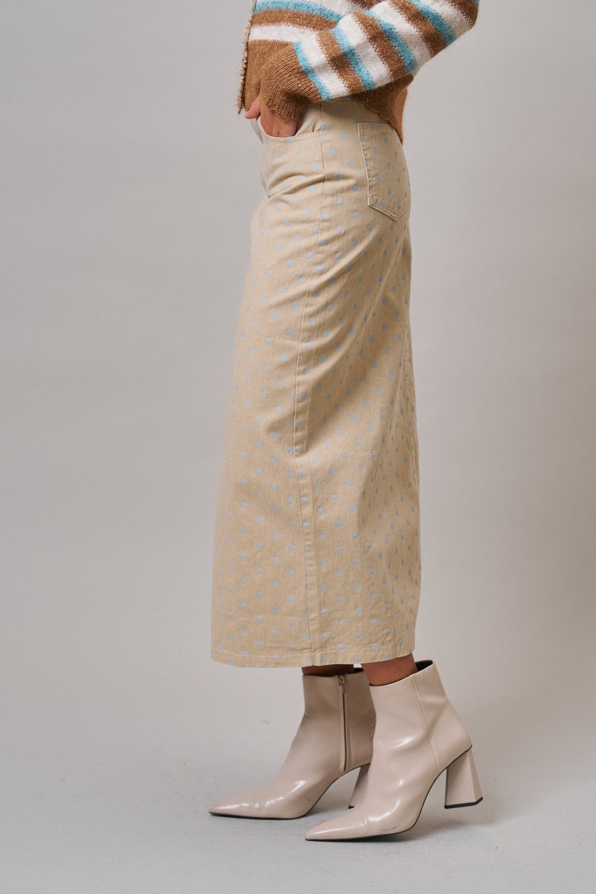 Soft Focus Polka Dot Denim Skirt in Cream - Women's Midi Skirts | Urban Daizy