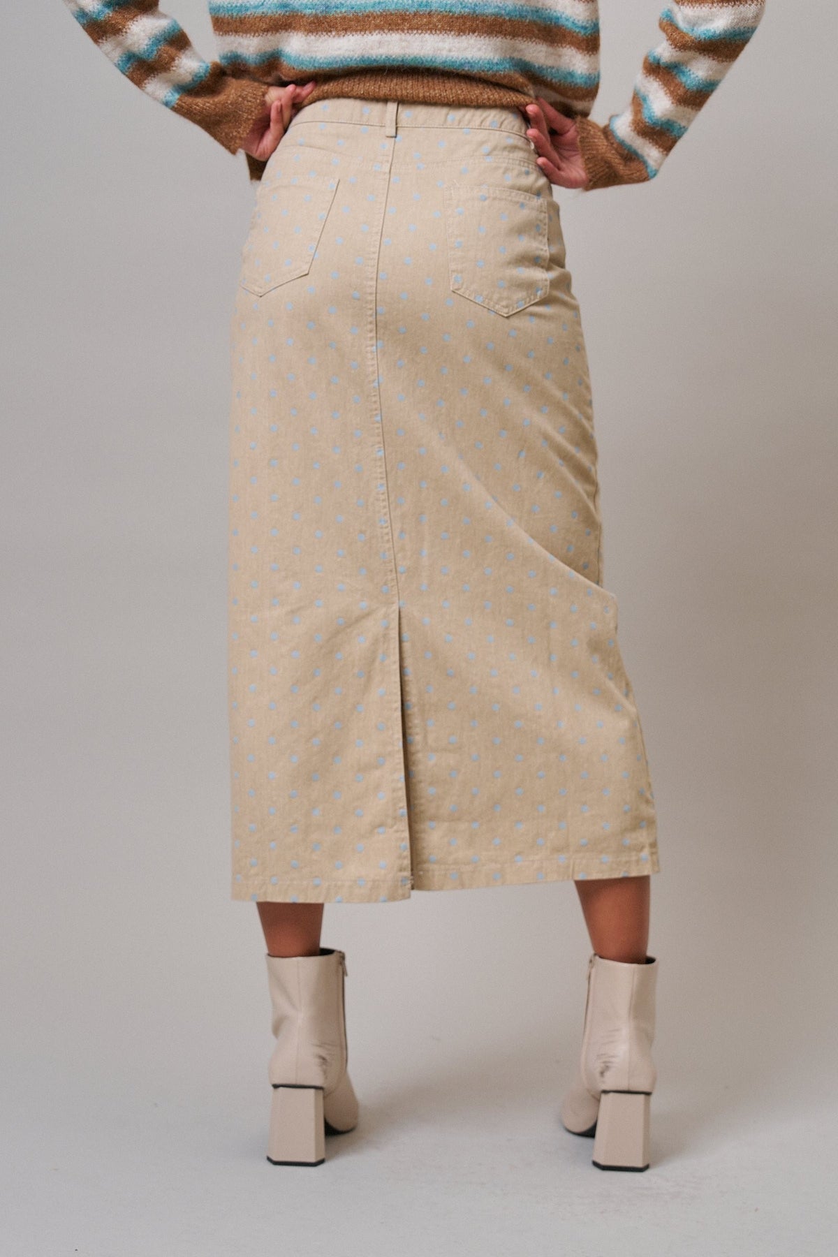 Soft Focus Polka Dot Denim Skirt in Cream - Women's Midi Skirts | Urban Daizy
