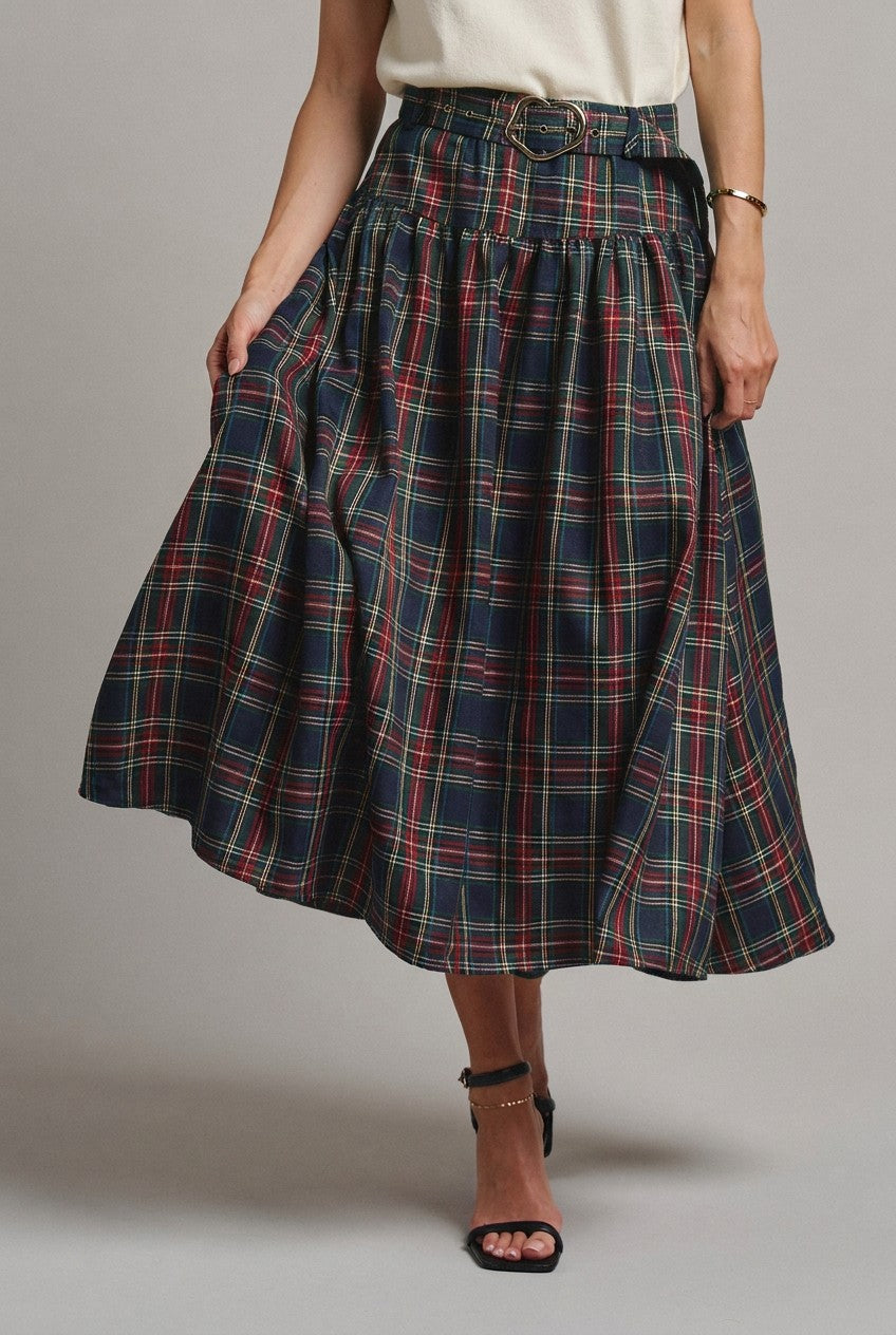 Tartan Twirl Belted Midi Skirt in Green - Women's Midi Skirts | Urban Daizy