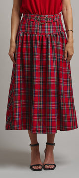 Tartan Twirl Belted Midi Skirt in Red - Women's Midi Skirts | Urban Daizy