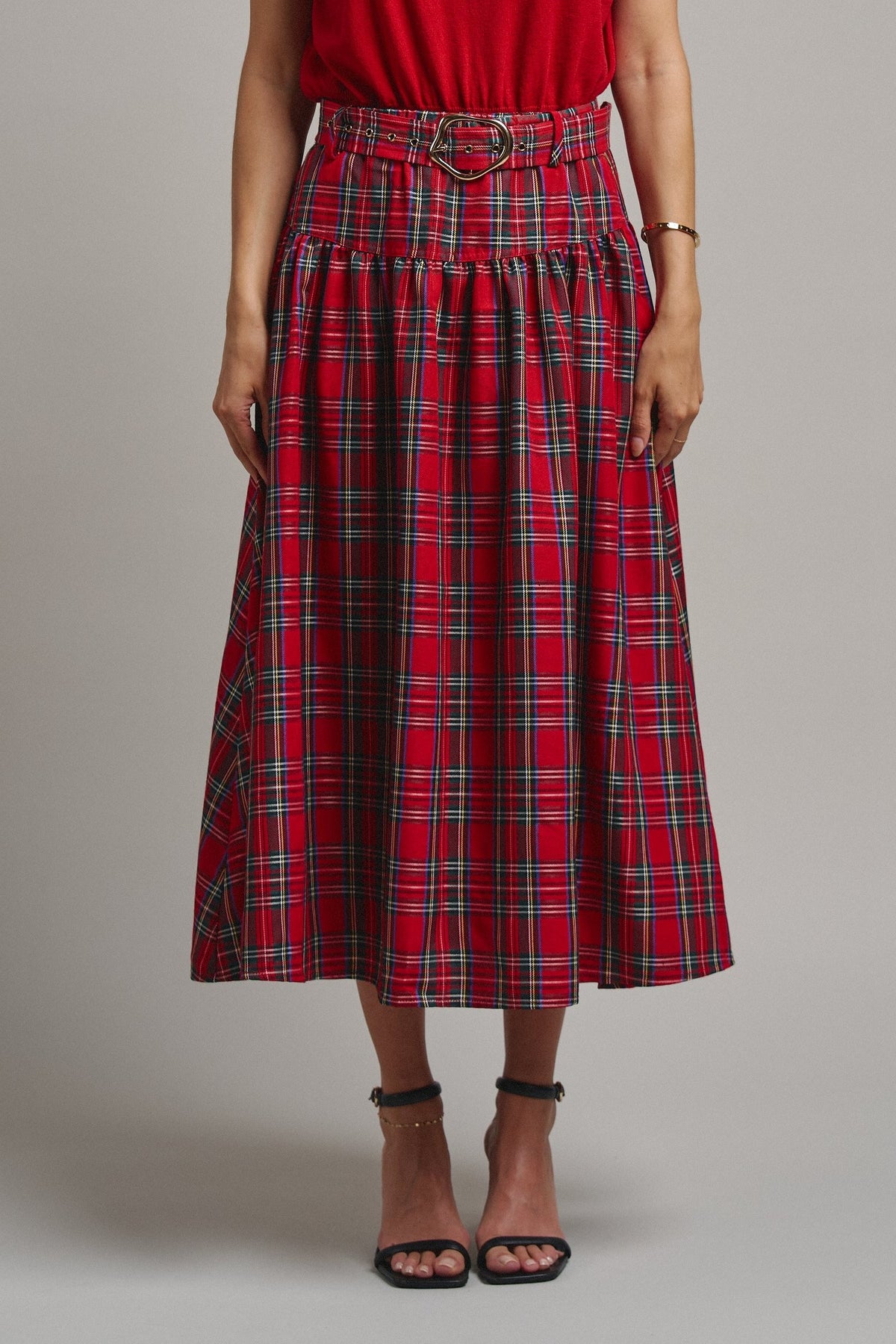 Tartan Twirl Belted Midi Skirt in Red - Women's Midi Skirts | Urban Daizy