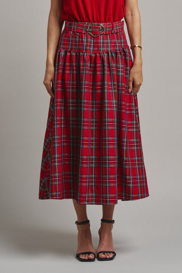Tartan Twirl Belted Midi Skirt
