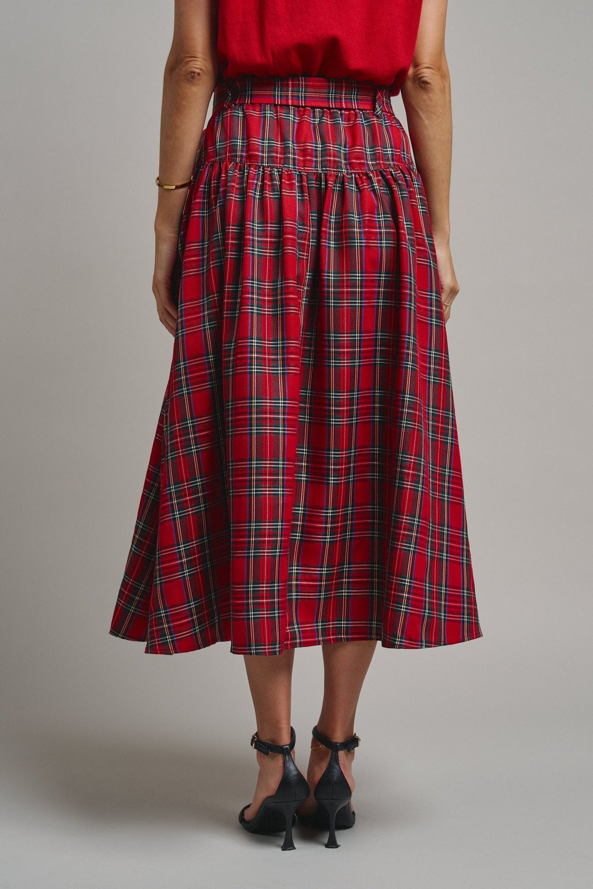 Tartan Twirl Belted Midi Skirt in Red - Women's Midi Skirts | Urban Daizy