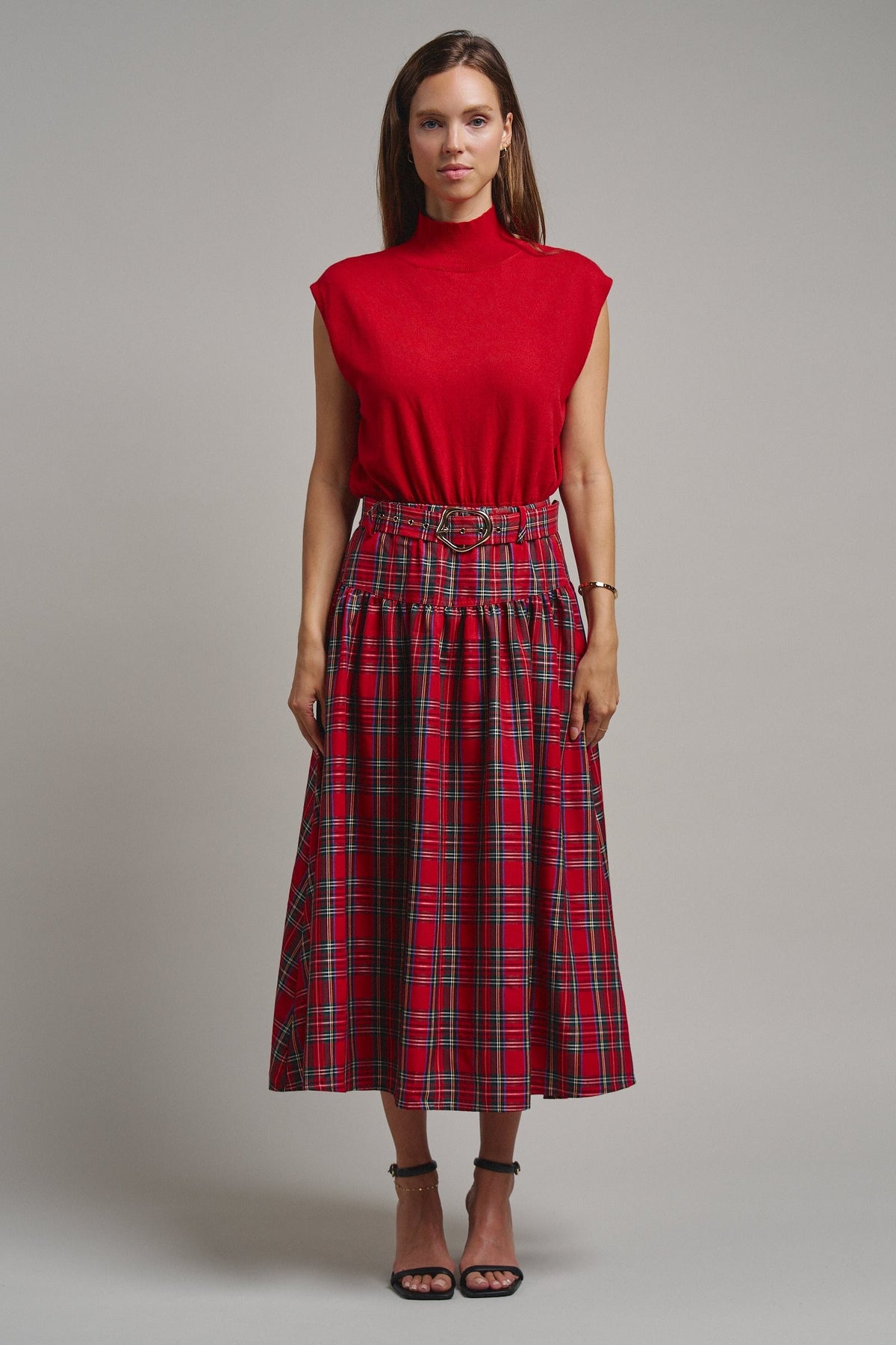 Tartan Twirl Belted Midi Skirt in Red - Women's Midi Skirts | Urban Daizy