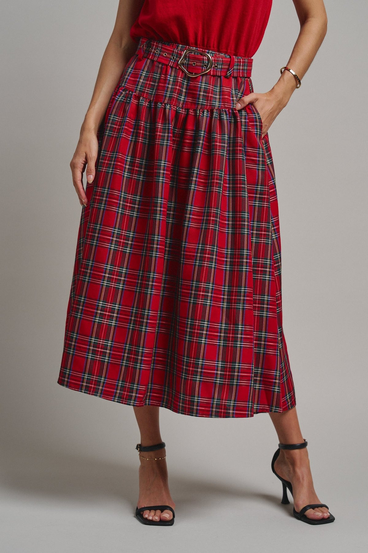Tartan Twirl Belted Midi Skirt in Red - Women's Midi Skirts | Urban Daizy