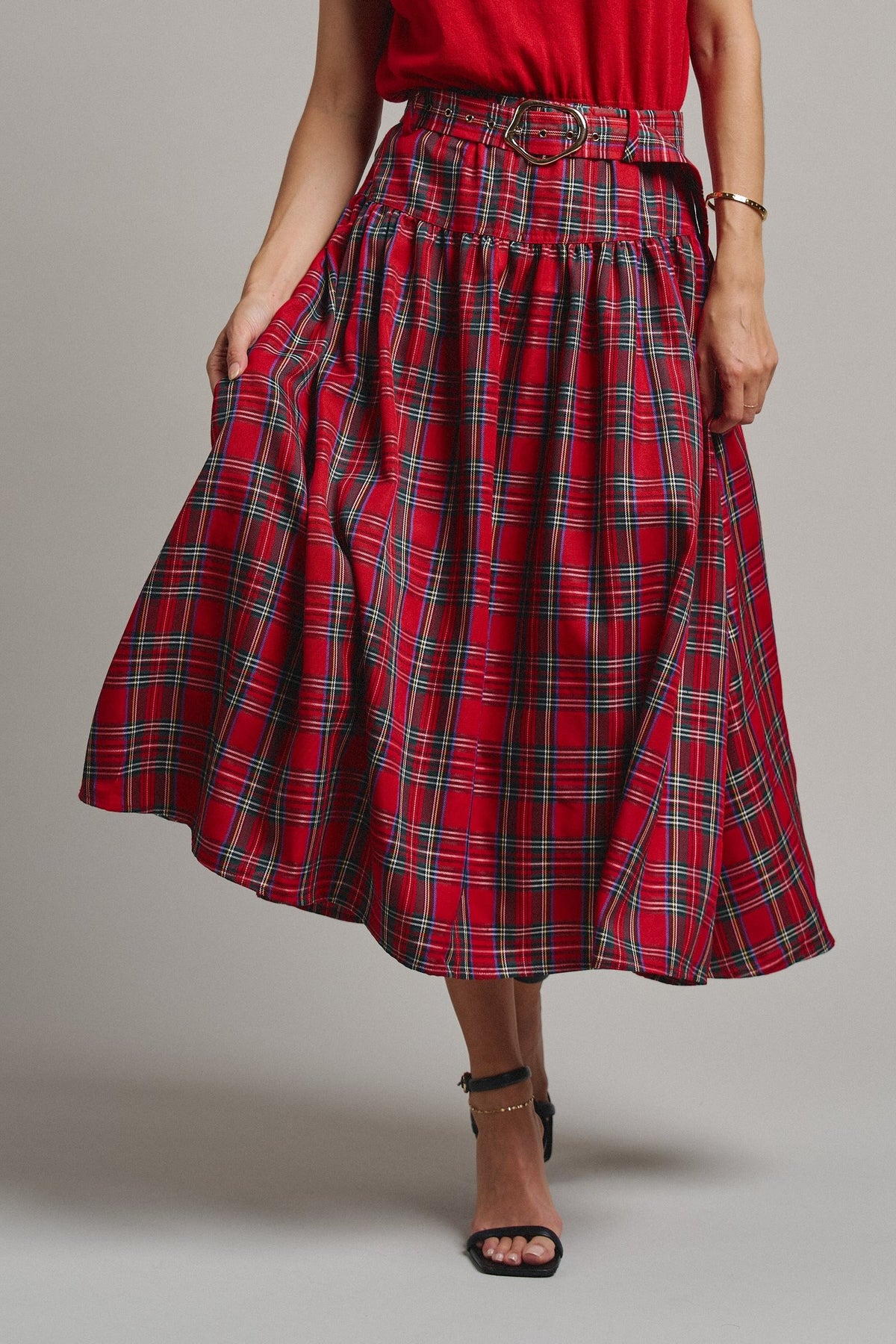 Tartan Twirl Belted Midi Skirt in Red - Women's Midi Skirts | Urban Daizy