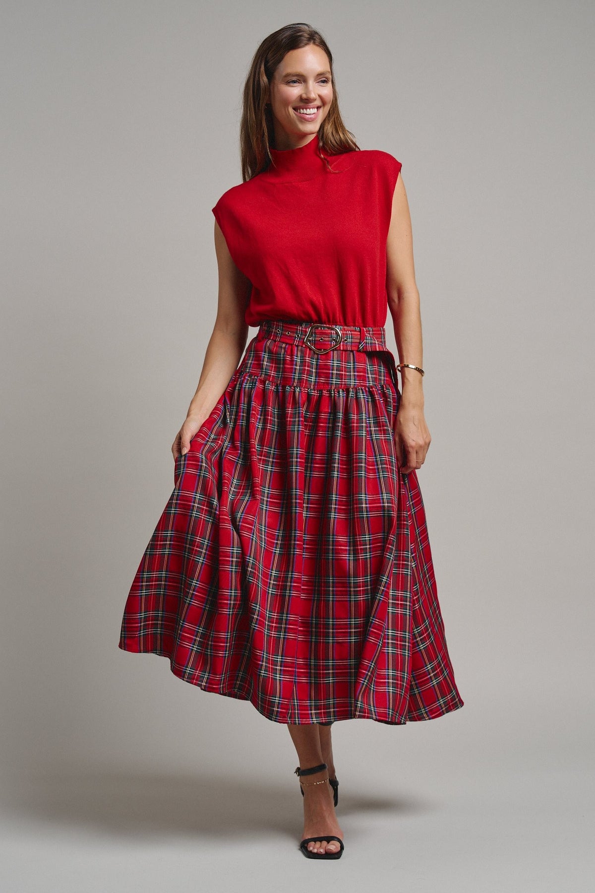 Tartan Twirl Belted Midi Skirt in Red - Women's Midi Skirts | Urban Daizy